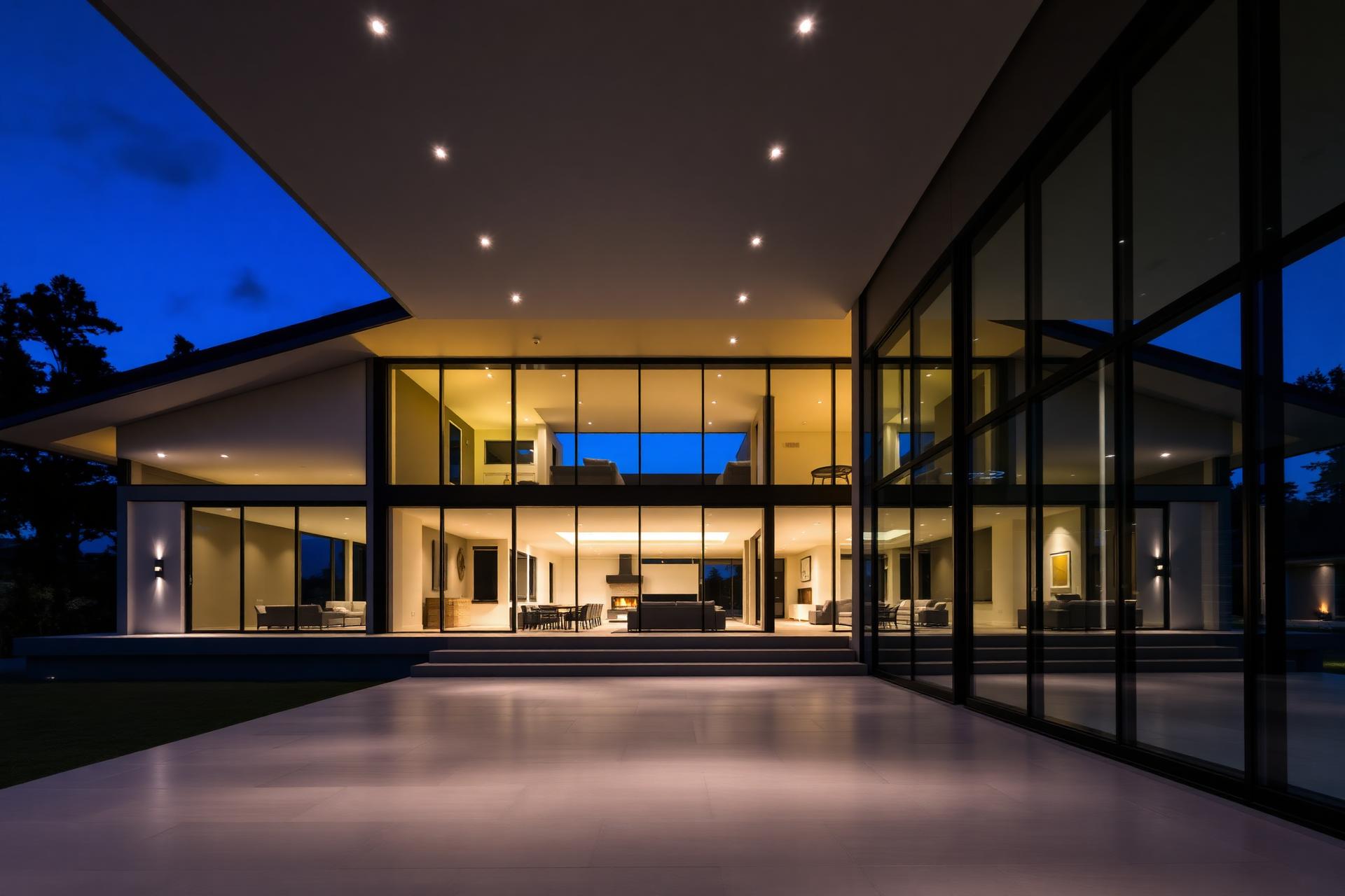Luxury modern home at dusk with floor-to-ceiling glass